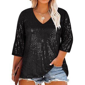 Plus Size Sequin Top Women 3/4 Sleeve V Neck Party Tunic XL-5XL